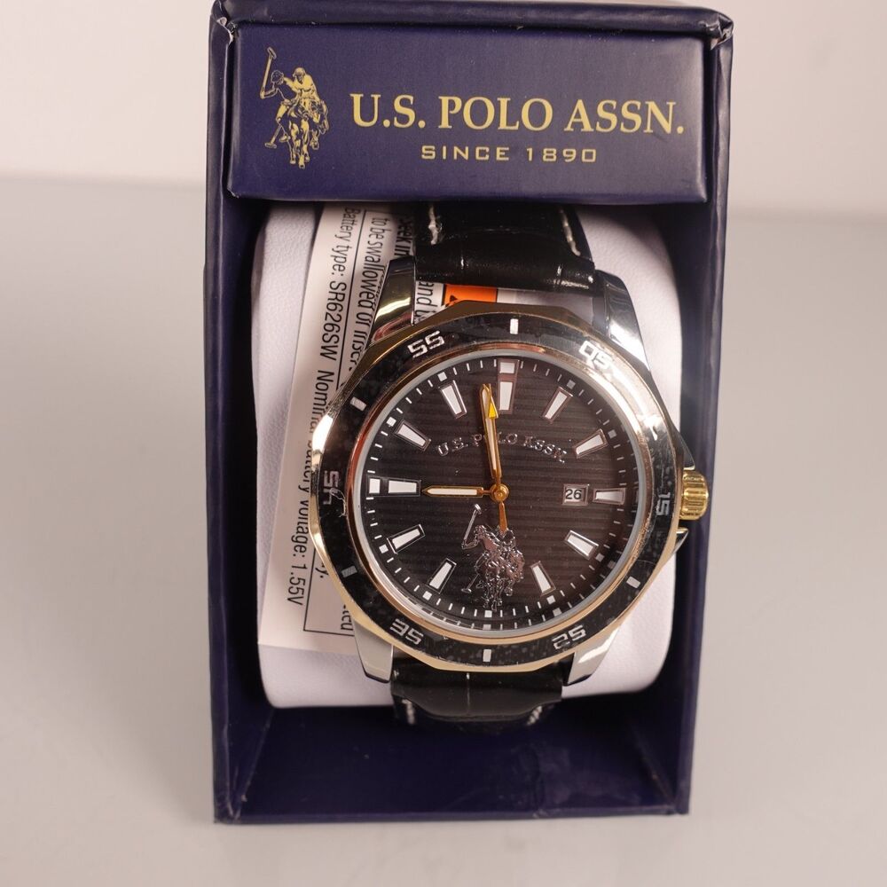 U.S. Polo Assn Men’s Simulated Leather Black Band Stainless Steel Watch Two Tone